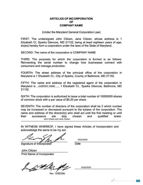 Download USA Maryland articles of incorporation Word and PDF template Photoshop template